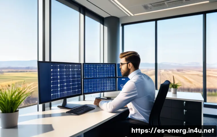 에너지관리 직업군 연봉 협상 팁 - A professional energy manager in a modern office setting, analyzing complex data charts on multiple ...