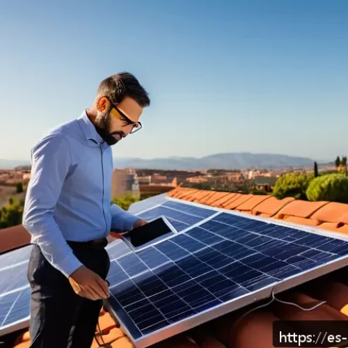 Home 15 에너지관리 직업군 커리어 패스 설계 - A modern urban rooftop solar energy installation in Spain at sunset, featuring sleek photovoltaic pa...