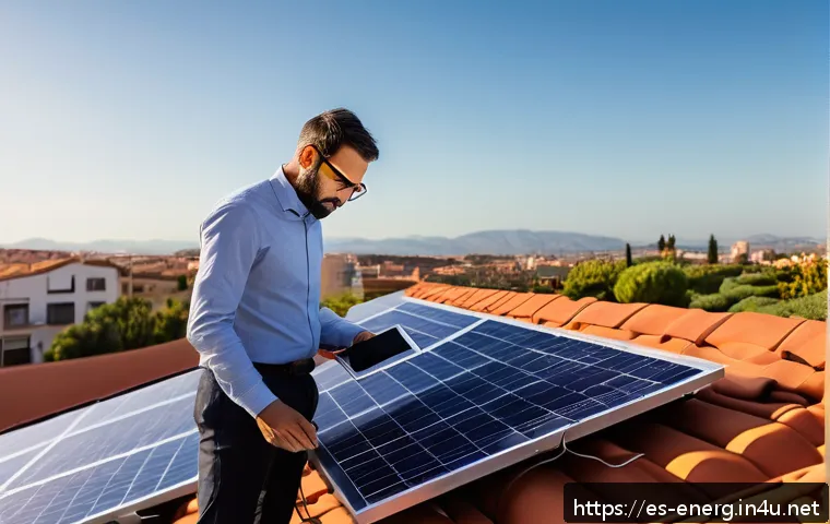 에너지관리 직업군 커리어 패스 설계 - A modern urban rooftop solar energy installation in Spain at sunset, featuring sleek photovoltaic pa...